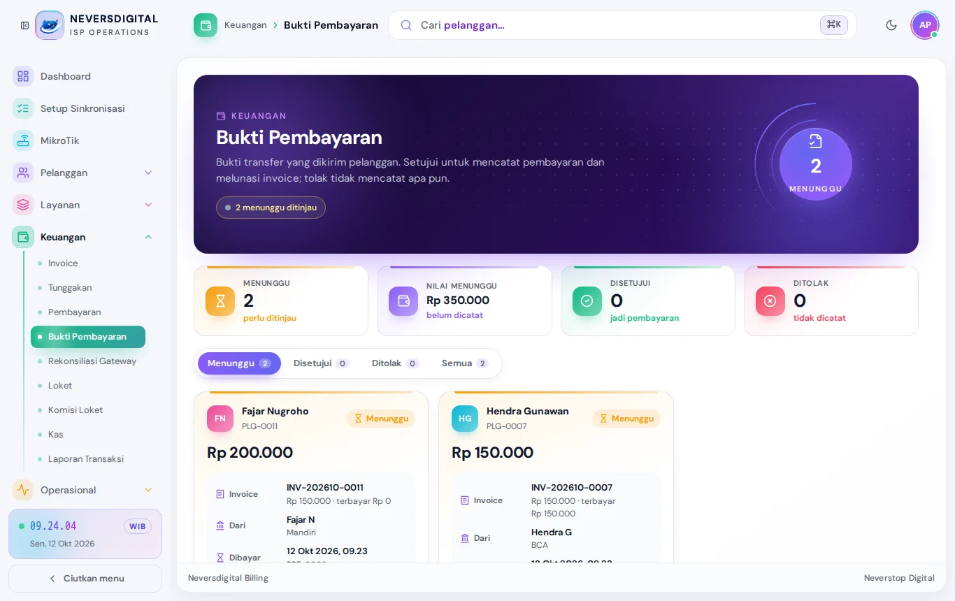Bukti Pembayaran: setujui atau tolak bukti transfer dari pelanggan.