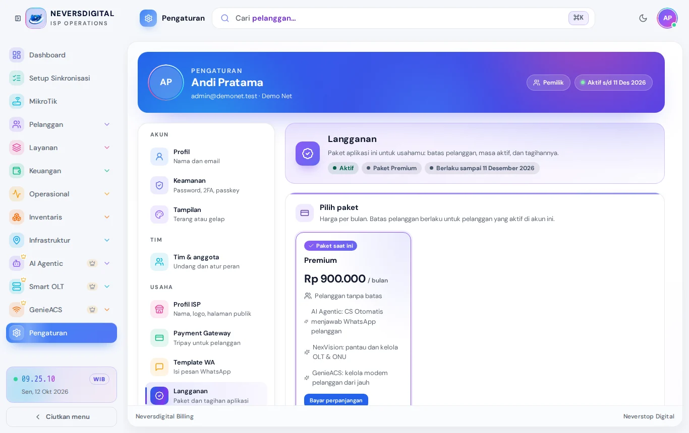 Pengaturan → Langganan: paket, masa aktif, dan perpanjangan.