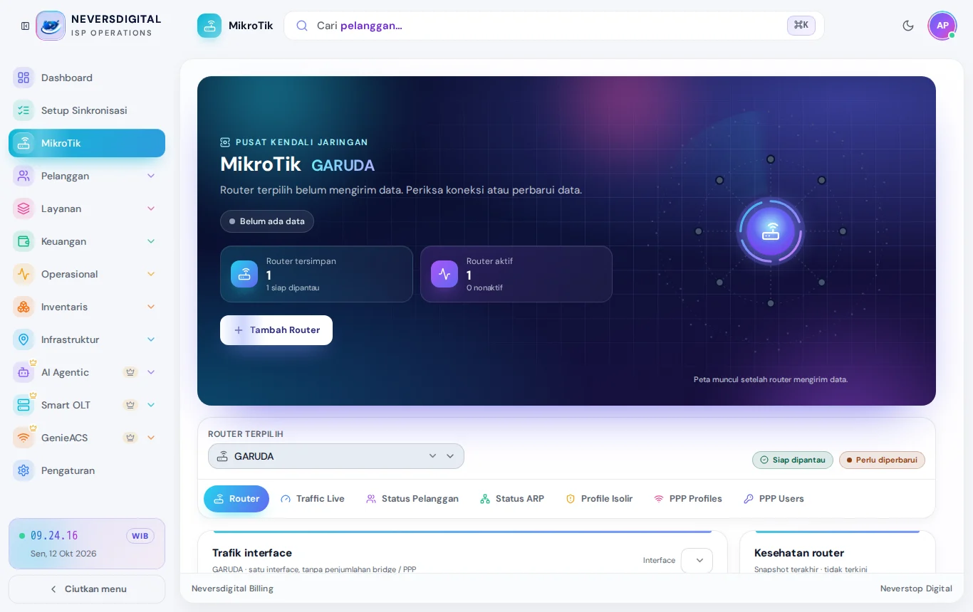MikroTik: router tersimpan, trafik, status pelanggan, profil isolir, dan PPP.