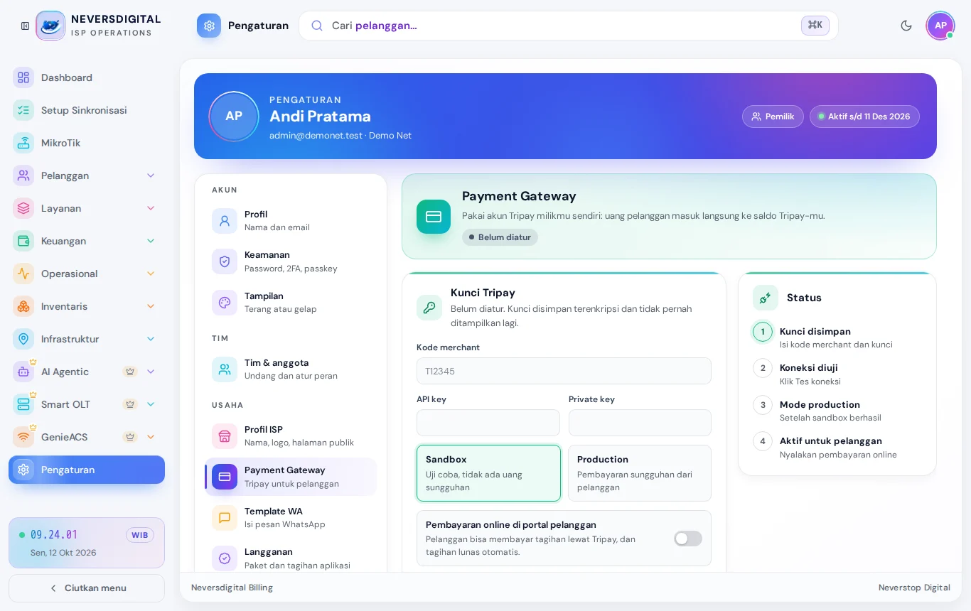 Pengaturan → Payment Gateway: kunci Tripay, mode Sandbox/Production, dan pembayaran online di portal.
