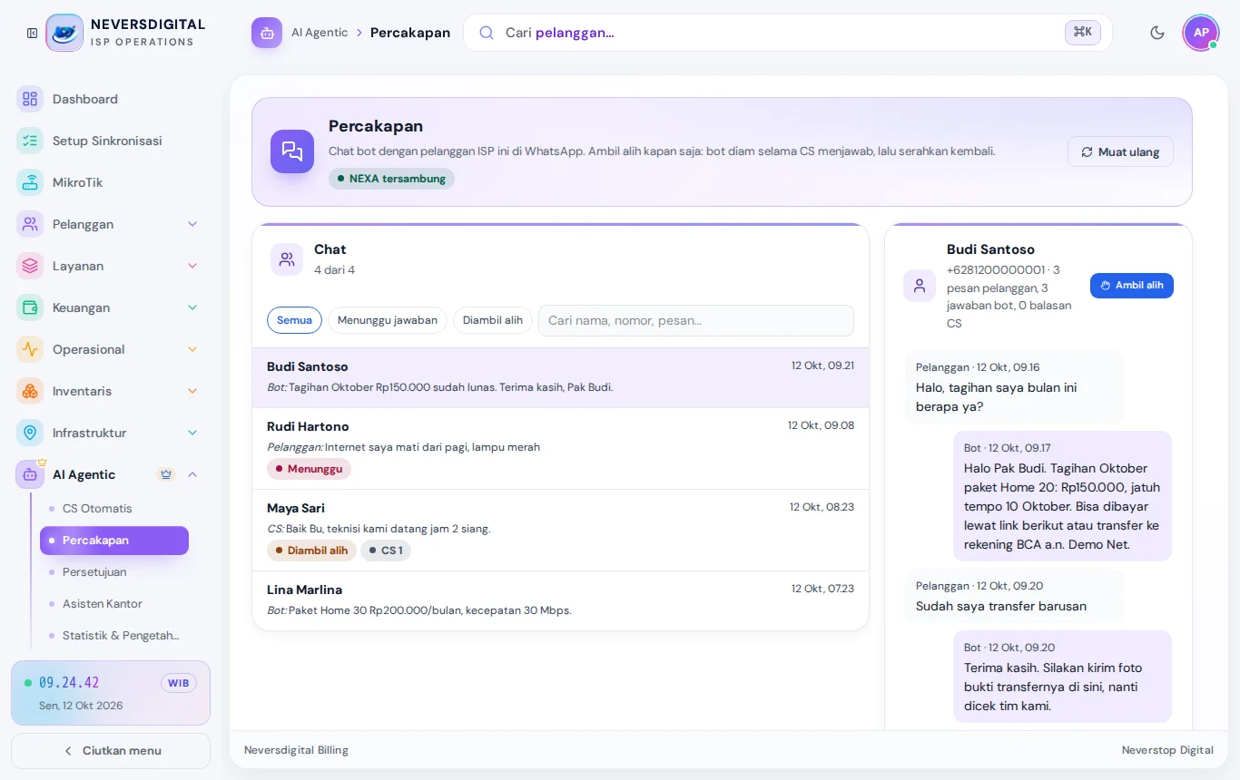 Percakapan: chat bot dengan pelanggan; Ambil alih untuk menjawab sebagai CS.