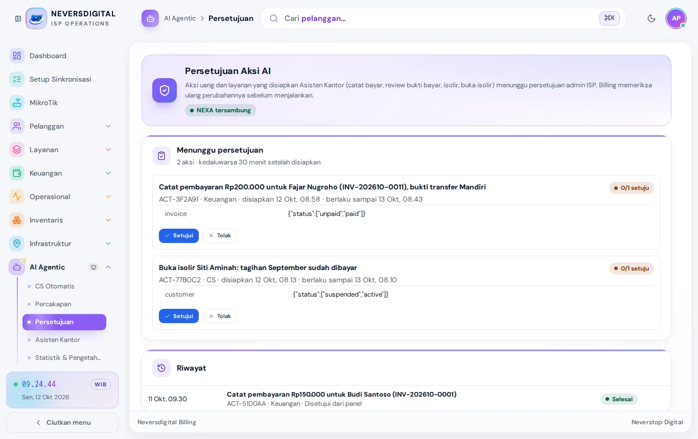 Persetujuan: aksi bot yang menunggu izin admin, misalnya mencatat pembayaran atau buka isolir.