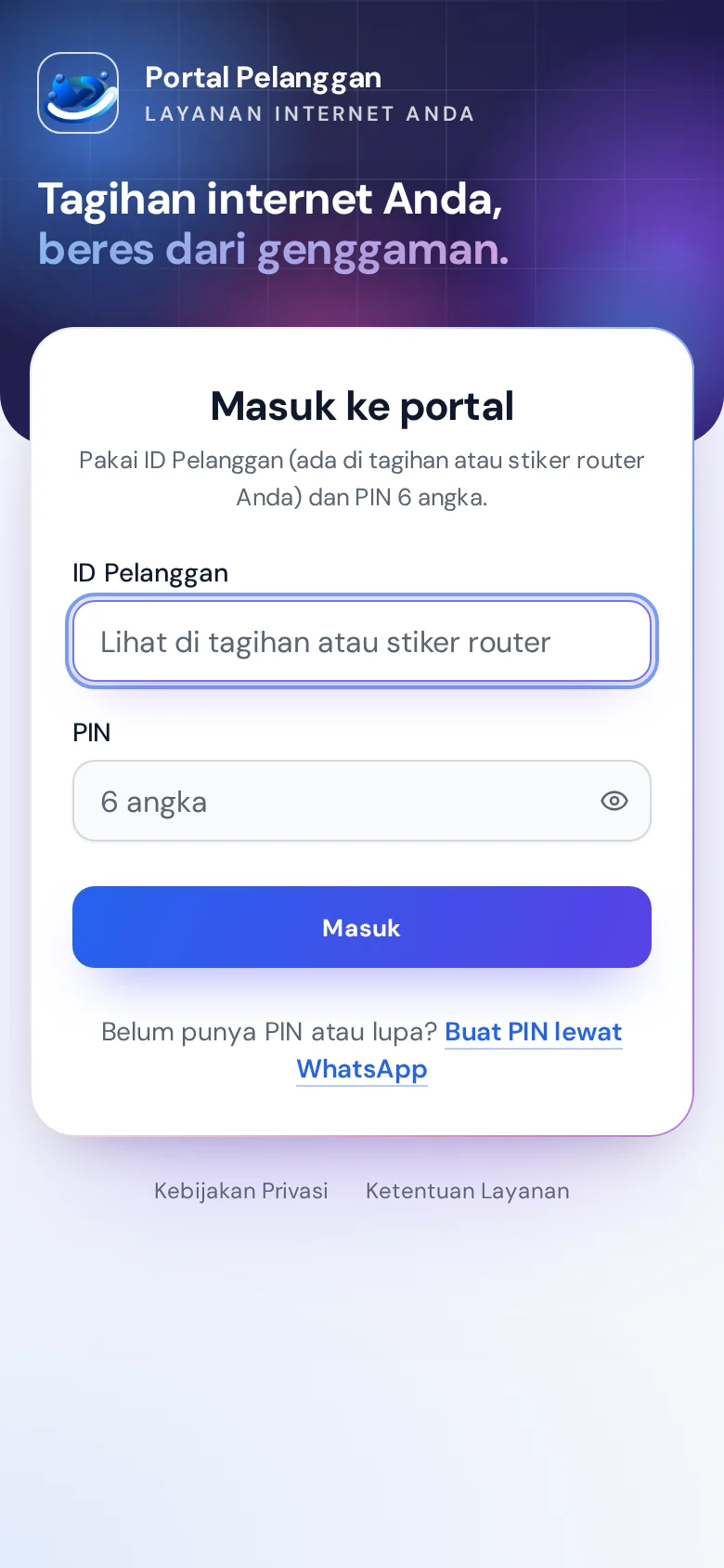 Portal pelanggan: masuk dengan ID Pelanggan dan PIN.