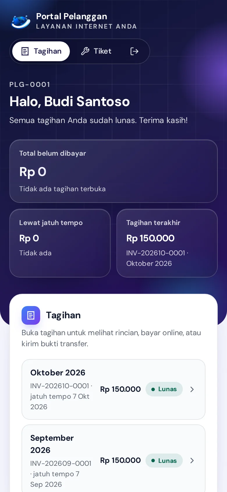 Tagihan pelanggan di portal: lunas, belum dibayar, dan rinciannya.