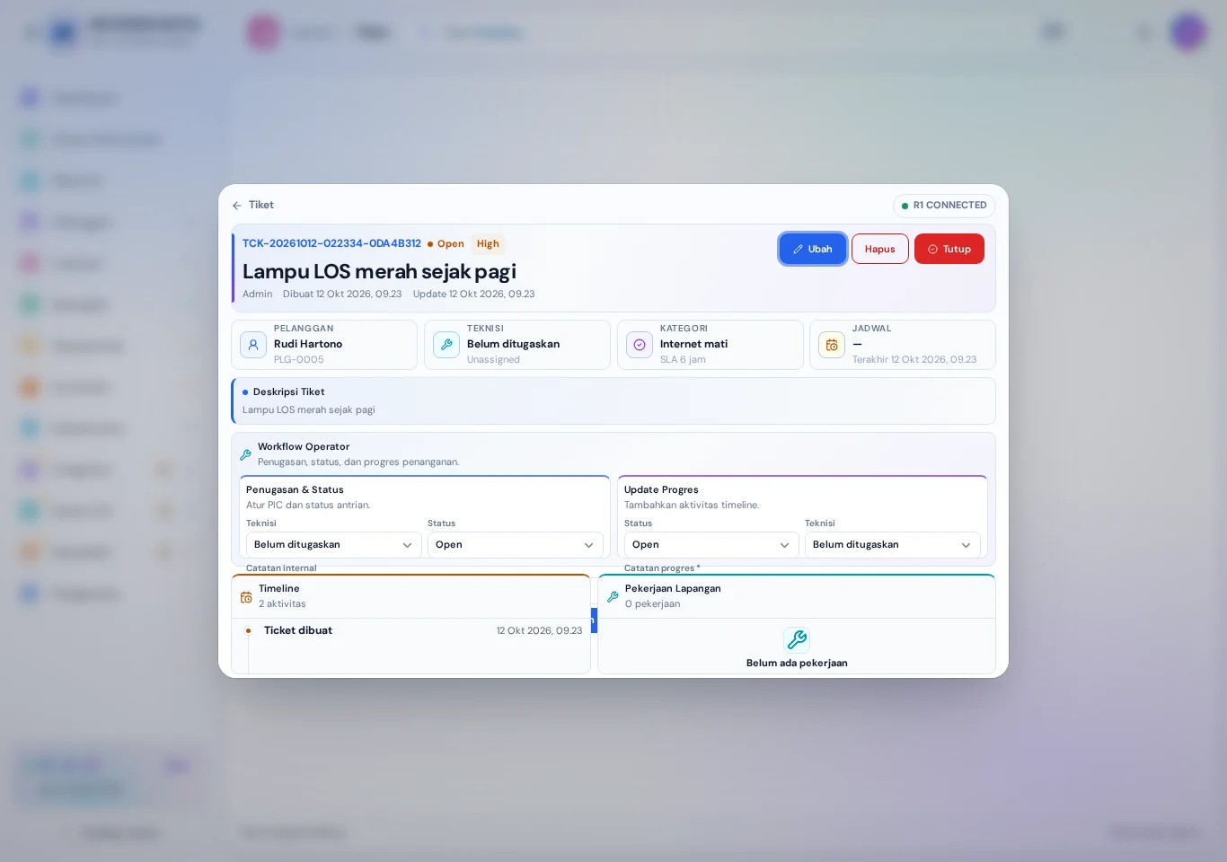 Detail tiket: tugaskan teknisi, ubah status, dan catat progres.