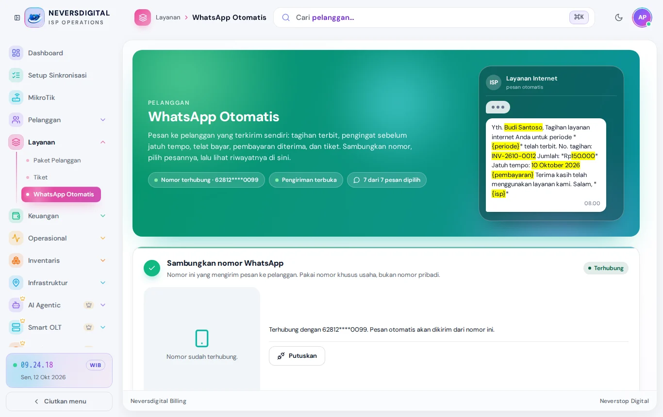 WhatsApp Otomatis: nomor tersambung, pesan yang dipilih, dan contoh pesannya.